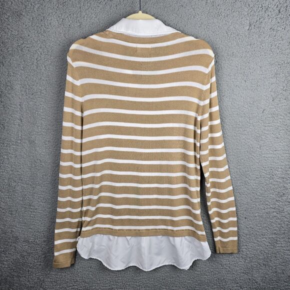 Faded Glory Shirt Sweater Tunic Top L Taupe White Striped Collared Preppy Modern - Picture 15 of 15